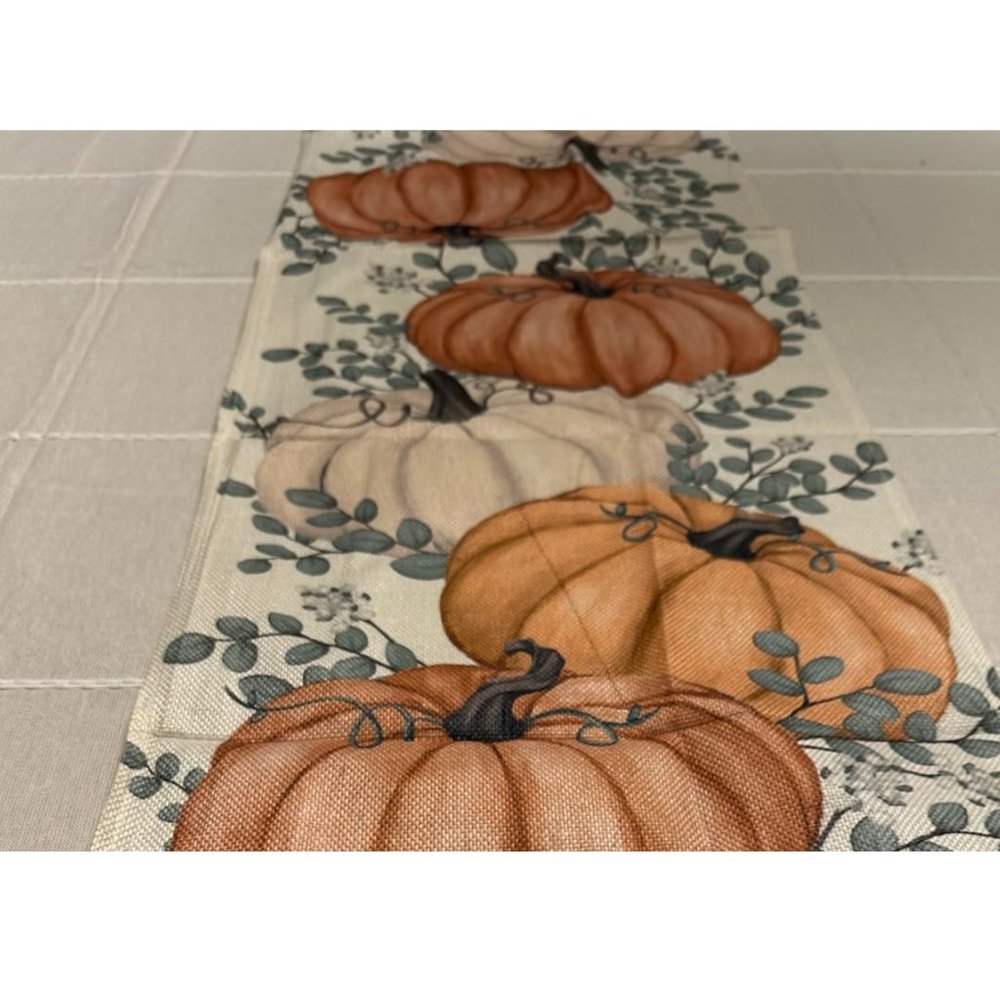 Pumpkin Table Runner Orange Cottage Farmhouse Thanksgiving Long Cloth Fall Decor - Picture 6 of 8